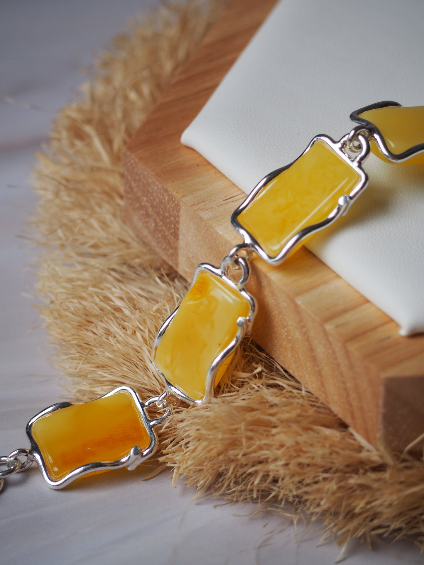 Natural Butterscotch Amber Rectangular Bracelet in Silver