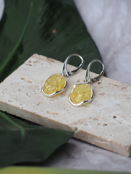 Citron Amber Drop Earrings in Silver