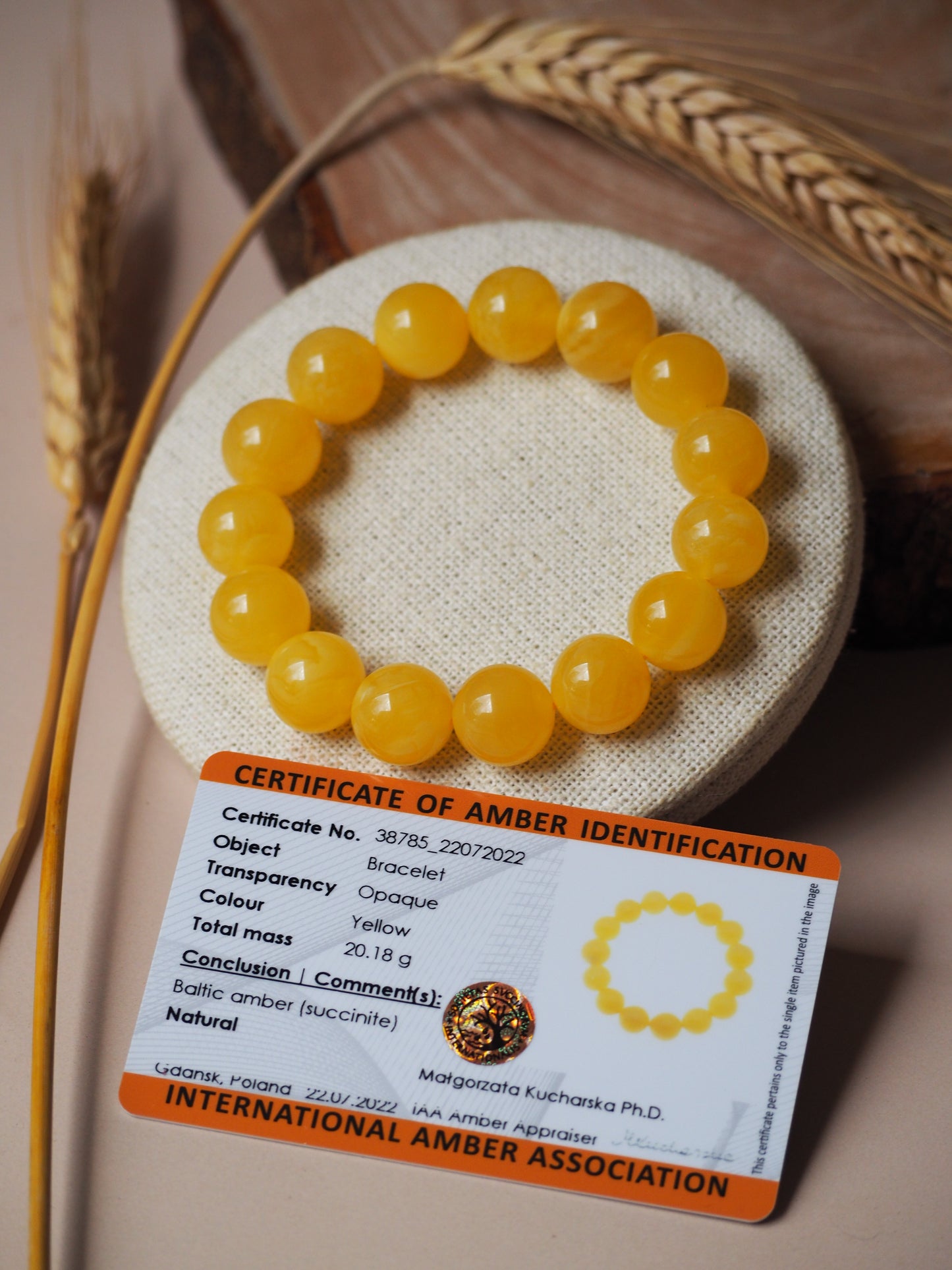 Natural Butterscotch Amber Beaded Bracelet 13mm + Certificate