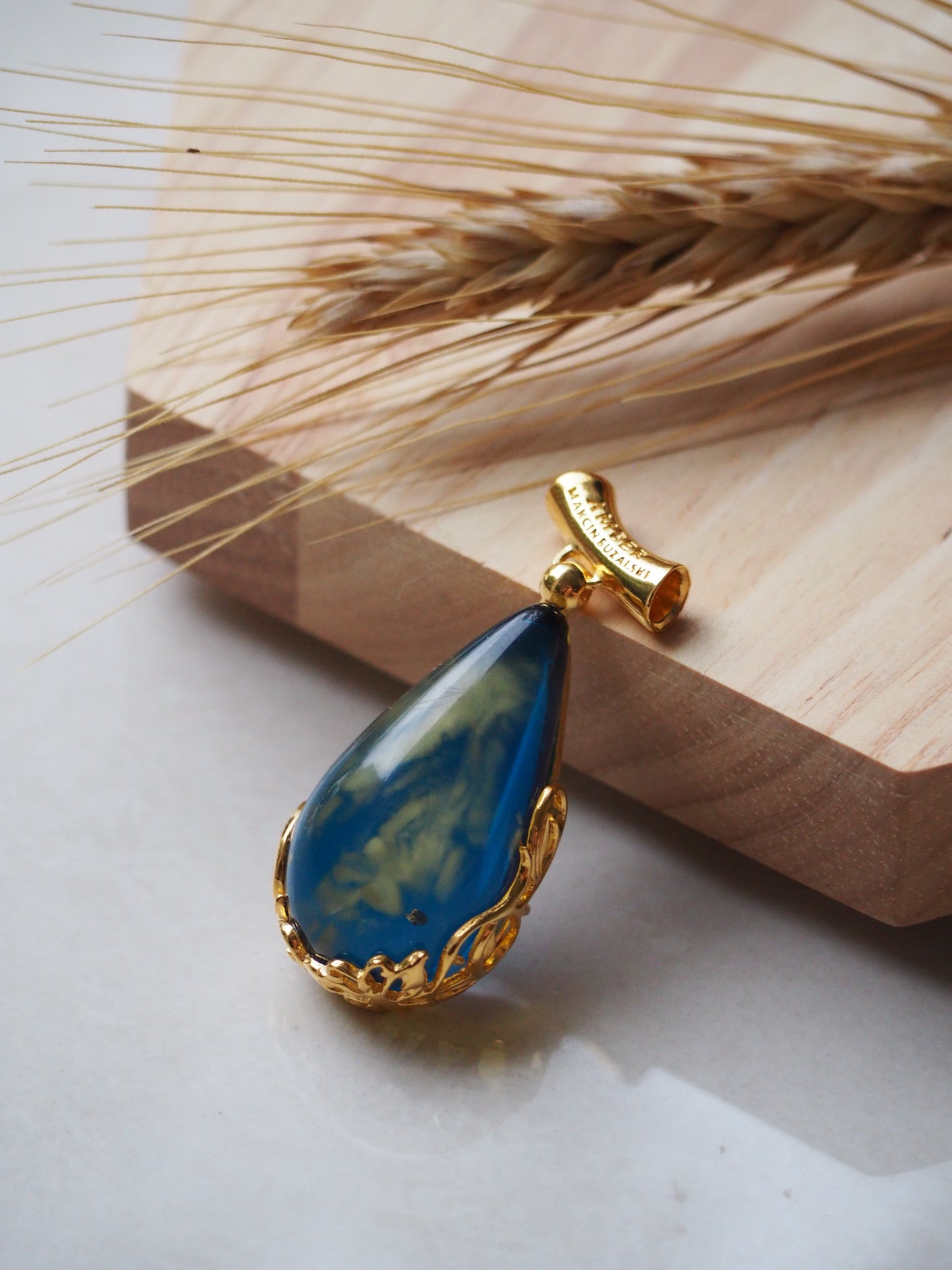 Unique Technique - Blue and Milk Cloudy Amber Gold Pleated Pendant