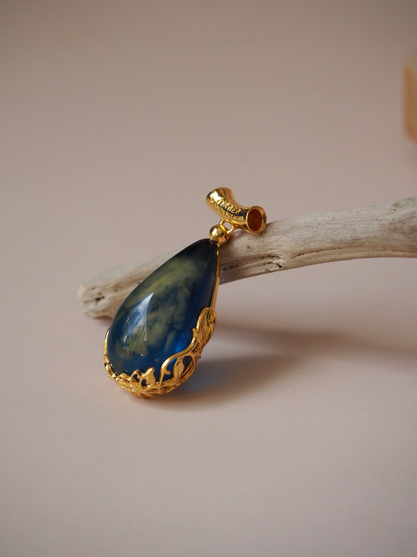 Unique Technique - Blue and Milk Cloudy Amber Gold Pleated Pendant