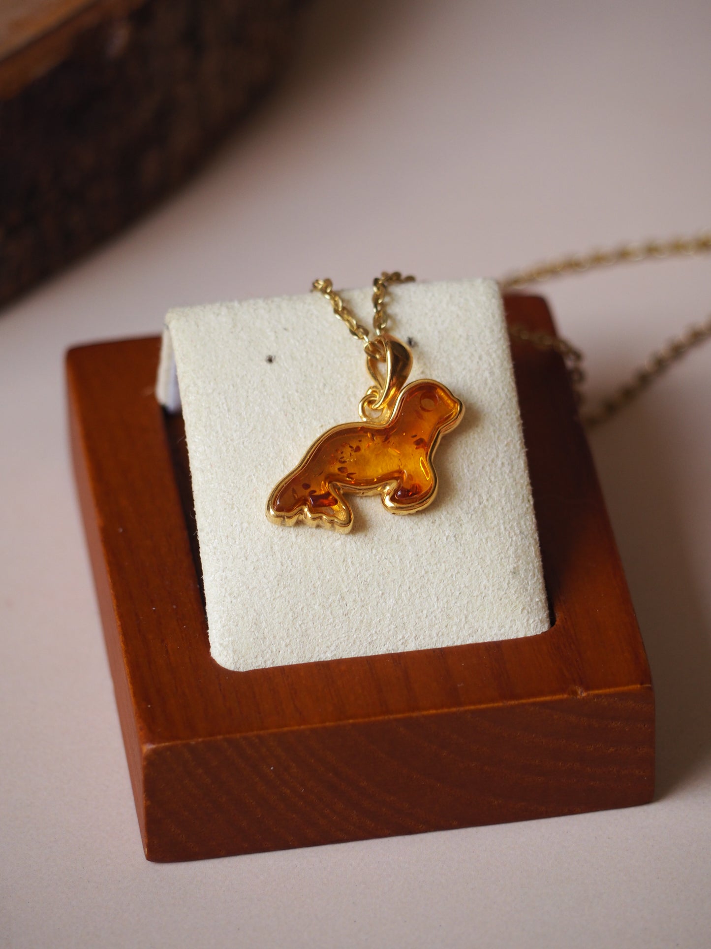 Gold Pleated Cognac Amber "Seal" Pendant