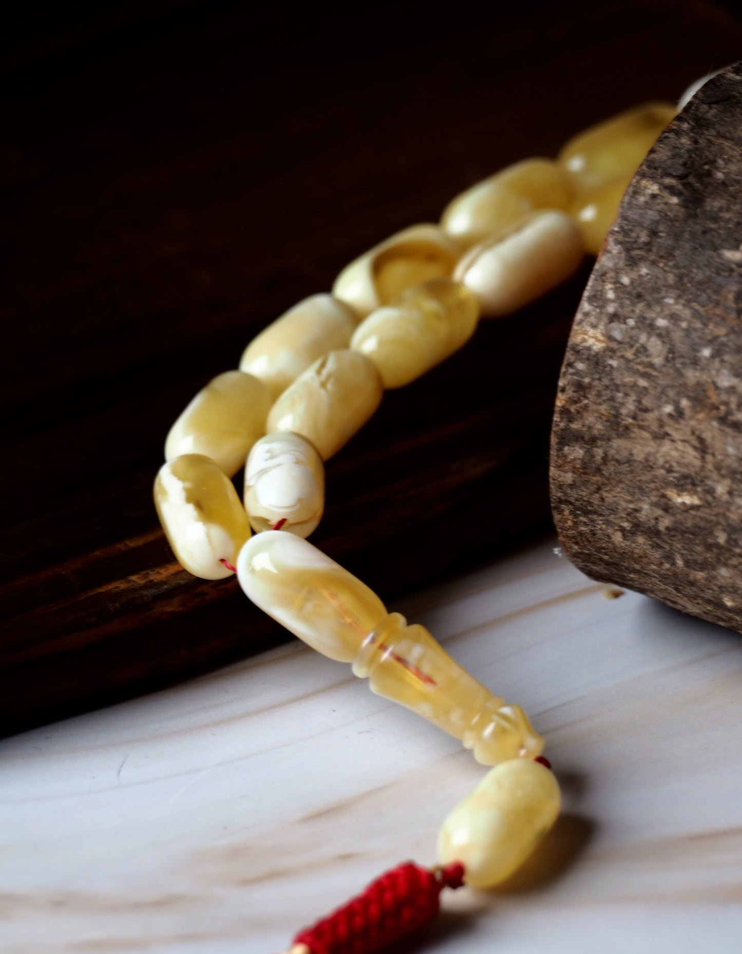 Unique Natural Royal White Amber Barrel Shape Rosary Prayer Beads